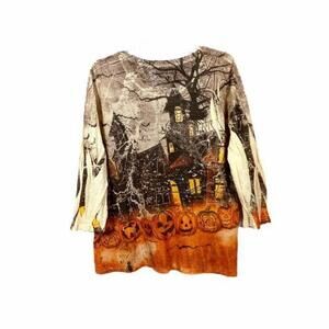 New Womens Top XL 3/4 Sleeve  Haunted House Pumpkins Spiders Bling Blouse